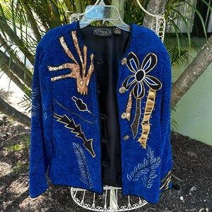 Vintage Vibrant Blue and Gold Embroidered Blazer